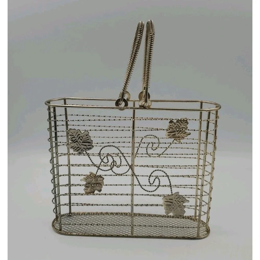 Metal Basket Wire Basket‎ Decorative With Leaves Gold Tone